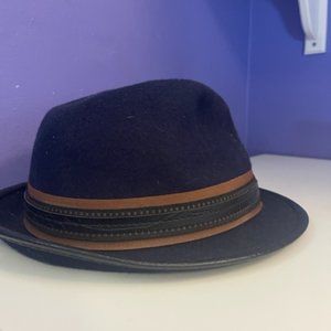 Carlos Santana Men’s Navy Wool Fedora Hat w/ Brown & black leather rim Size M
